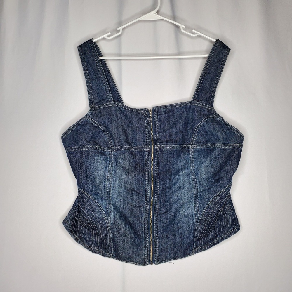 Ashley Stewart Denim Crop Top Womens 1X Blue Retro Zipper Stretch Pinup Festival